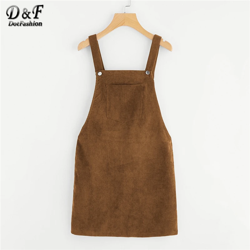 

Dotfashion Bib Pocket Front Overall Dress Women Autumn Straps Sleeveless Preppy Spring Plain Zipper Button Pinafore Short Dress