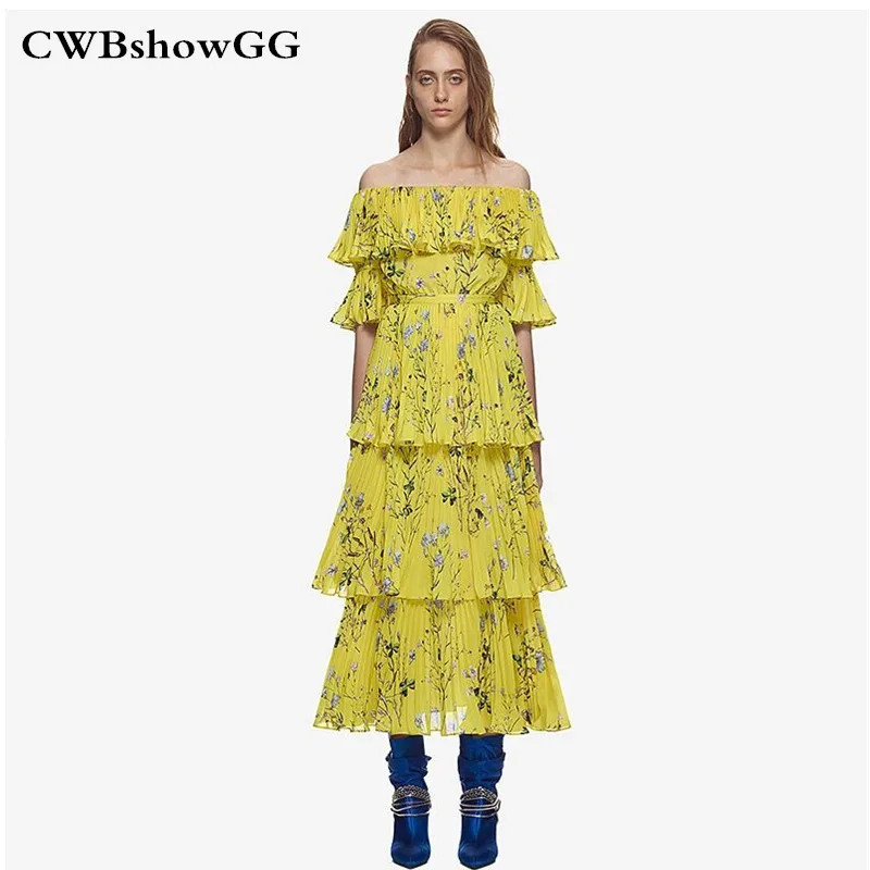 Designer dresses runway 2018 High quality Self-portrait yellow printed Slash neck strapless pleated fairy Ruffles fashion dress
Designer dresses runway 2018 High quality Self-portrait yellow printed Slash neck strapless pleated fairy Ruffles fashion dress