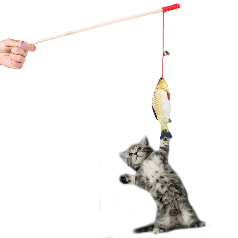 Wood Tease Rod Cat Sticks Plush Stuffed Fish Pet Cats Toys with Bell