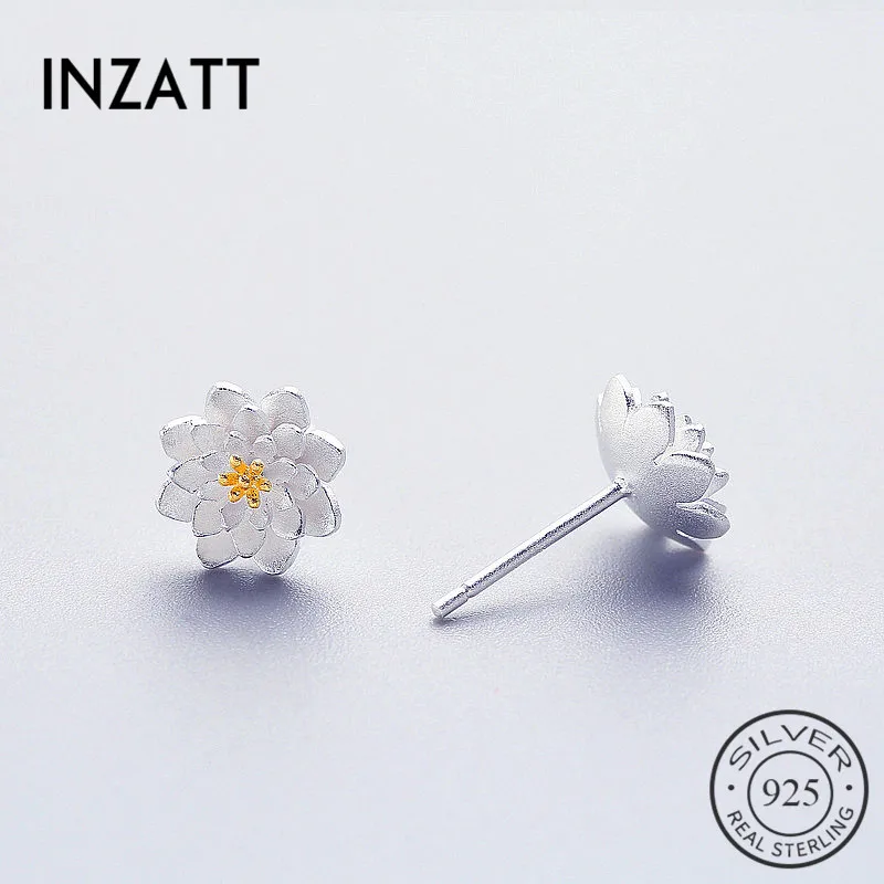 

INZATT Cute Flower Shape Prevent Allergy 925 Sterling Silver Women Stud Earrings Tiny Lotus Plant Birthday Party Jewelry Bijoux