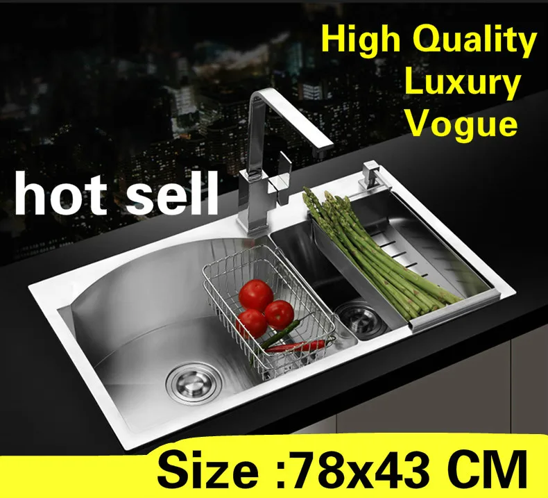 

Free shipping Apartment high quality wash vegetables kitchen manual sink double groove 304 stainless steel hot sell 780x430 MM