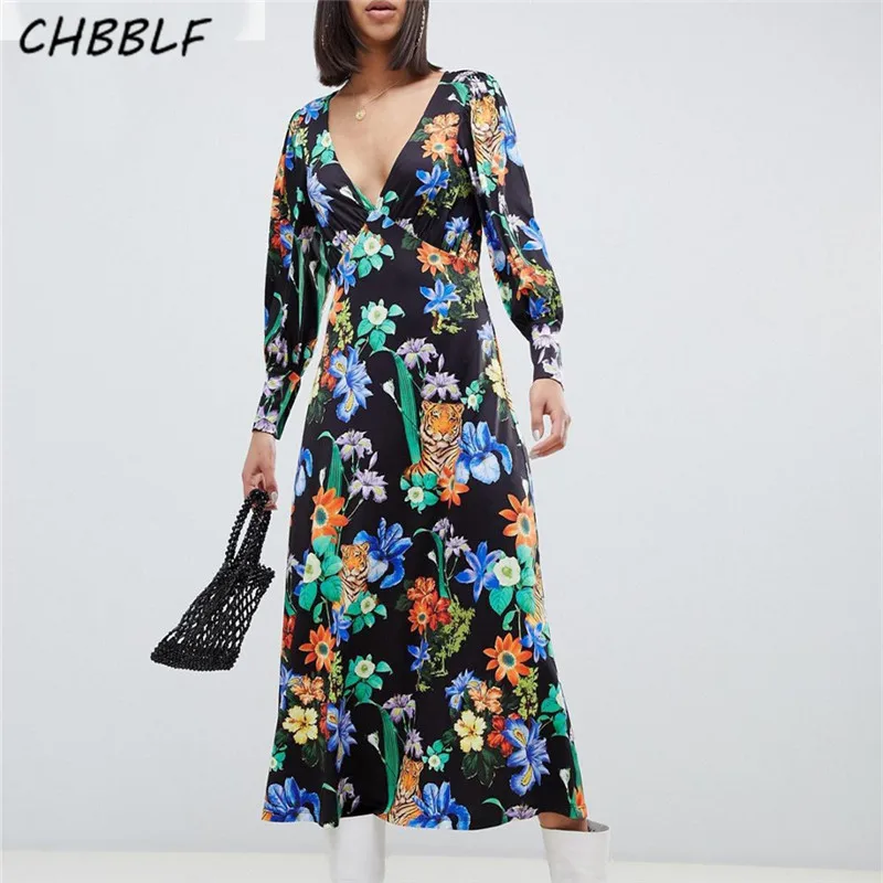 CHBBLF women Chic midi dress long sleeve side zipper V neck floral pleated female casual mid dresses vintage vestido POP1767 
CHBBLF women Chic midi dress long sleeve side zipper V neck floral pleated female casual mid dresses vintage vestido POP1767