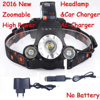 

2016 New Zoomable 3 Leds 6000LM Head Lamp Spotlight XML T6 + 2 XPE LED Headlamp Headlight Camping Light + AC & Car charger