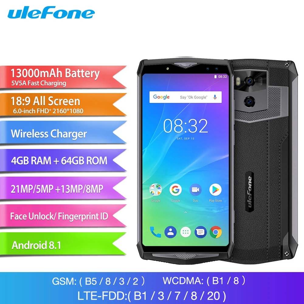 

Ulefone Power 5S Mobile Phone 6.0 inch FHD Screen 4GB RAM 64GB ROM MTK6763 Octa Core Android 8.1 13000mAh Face ID Smartphone