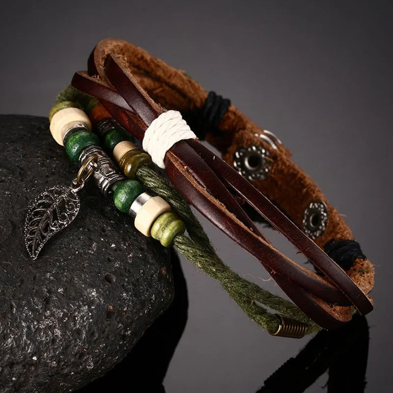 Women Vintage Leaf of National Style Handmade Braided Rope Leather Bracelet in Brown Green Bohemian Jewelry
Women Vintage Leaf of National Style Handmade Braided Rope Leather Bracelet in Brown Green Bohemian Jewelry
