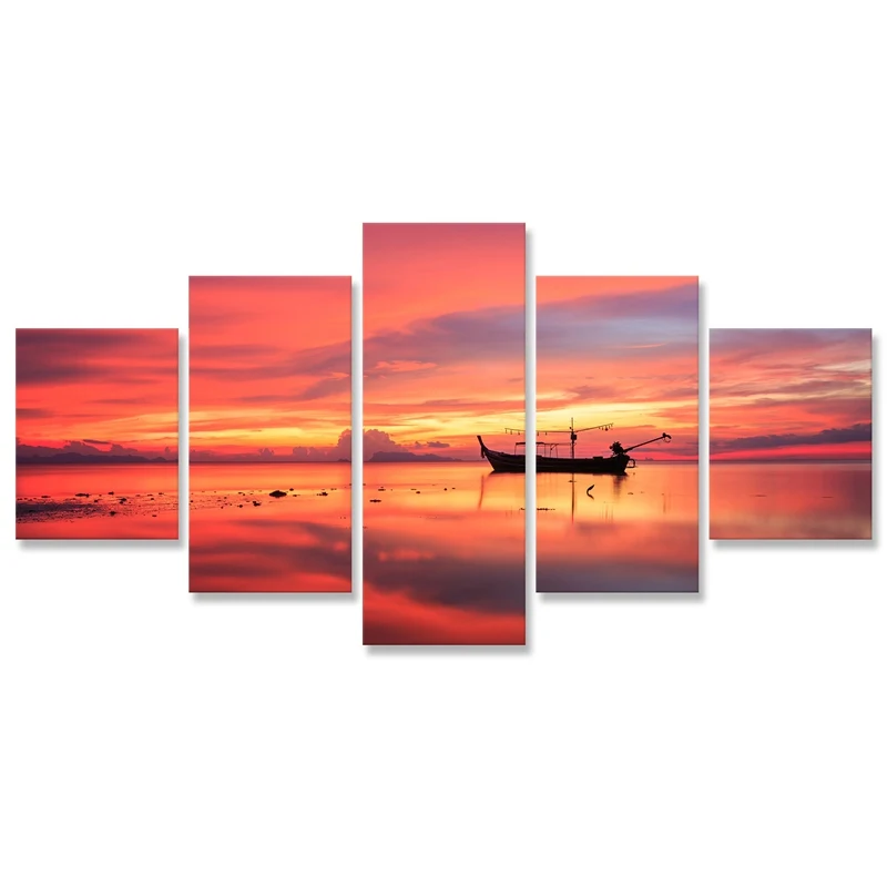 Horizon Sunset Рыбалка лодка Холст Картина 5 панелей настенный постер пейзаж картины