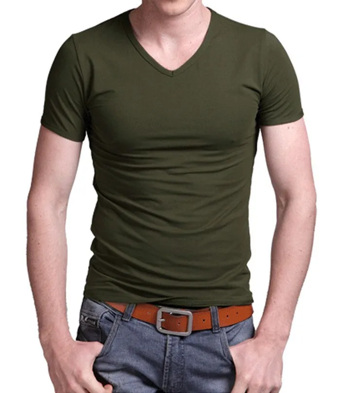 MYDBSH Elastic Cotton Mens T Shirts Big size Fitness Men T-Shirt Homme Fashion V Neck Short Sleeve Solid Color 2024 Casual Tees