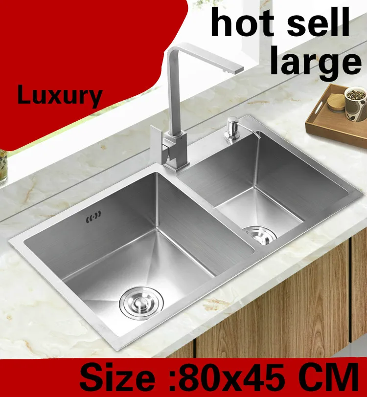 

Free shipping Apartment high quality do the dishes 304 stainless steel big kitchen manual sink double groove hot sell 80x45 CM