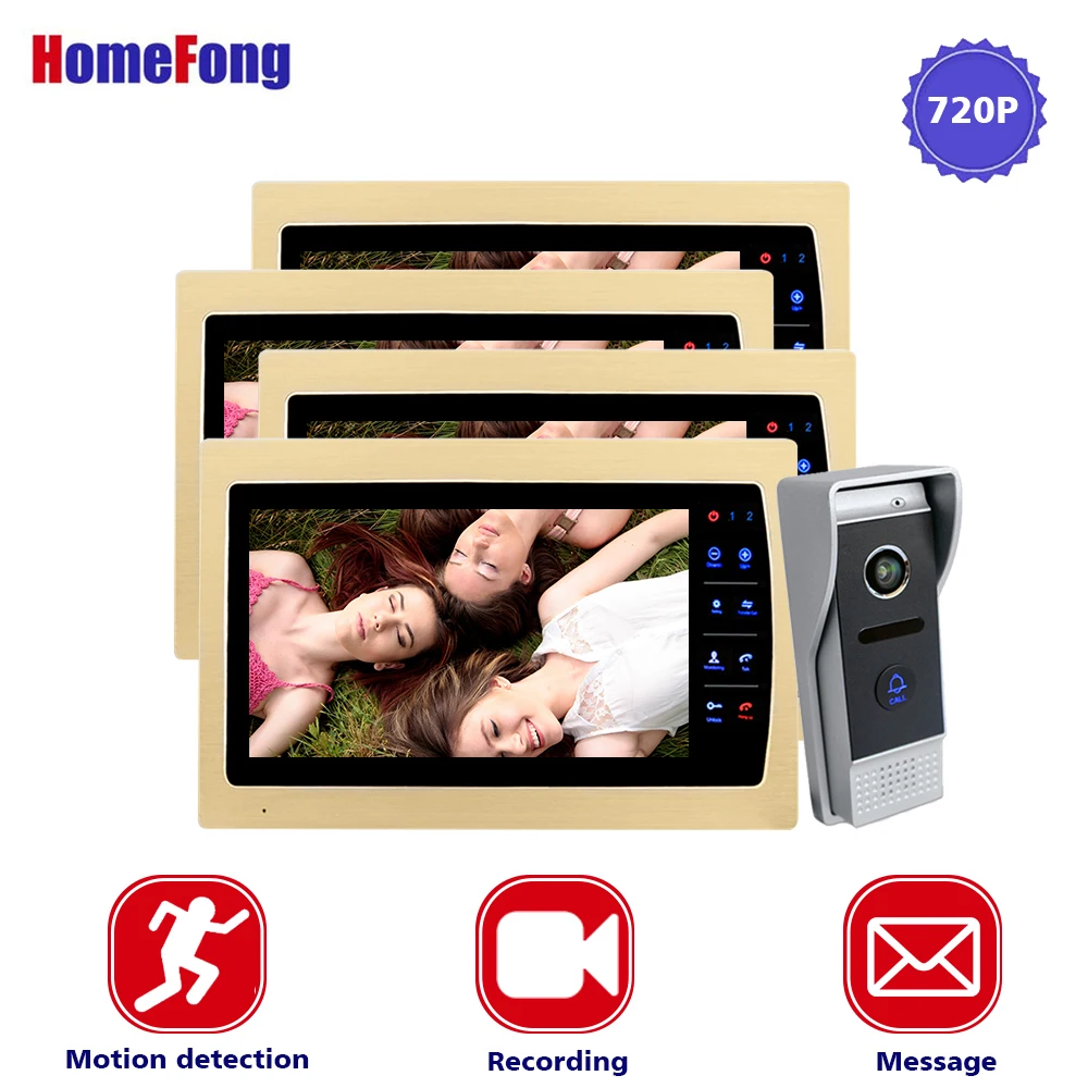 

Homefong 10 Inch Wired Video Door Phone Intercom System 720P AHD High Resolution Doorbell Camera 4 Monitors 1 Call Panel Record