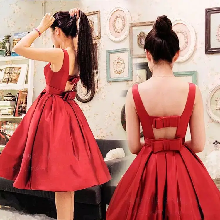 Hot Sale Boat Neck Red Satin Tea Length Prom Dress 2020 Elegant Backless Bow Back Formal Evening Party Gowns Vestido De Festa
Hot Sale Boat Neck Red Satin Tea Length Prom Dress 2020 Elegant Backless Bow Back Formal Evening Party Gowns Vestido De Festa