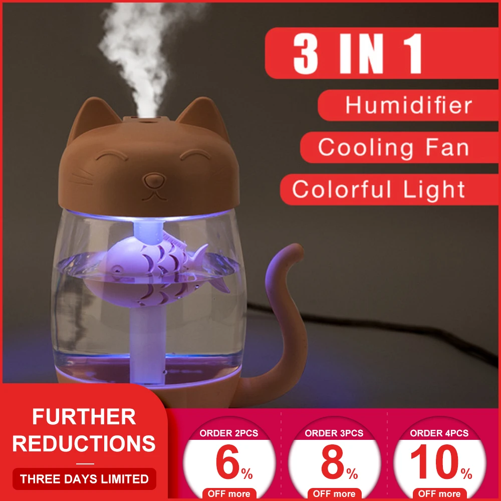 3 in 1 350ML USB Cat Air Humidifier Ultrasonic Cool-Mist Adorable Mini Humidifier With LED Light Mini USB Fan for Home office
3 in 1 350ML USB Cat Air Humidifier Ultrasonic Cool-Mist Adorable Mini Humidifier With LED Light Mini USB Fan for Home office