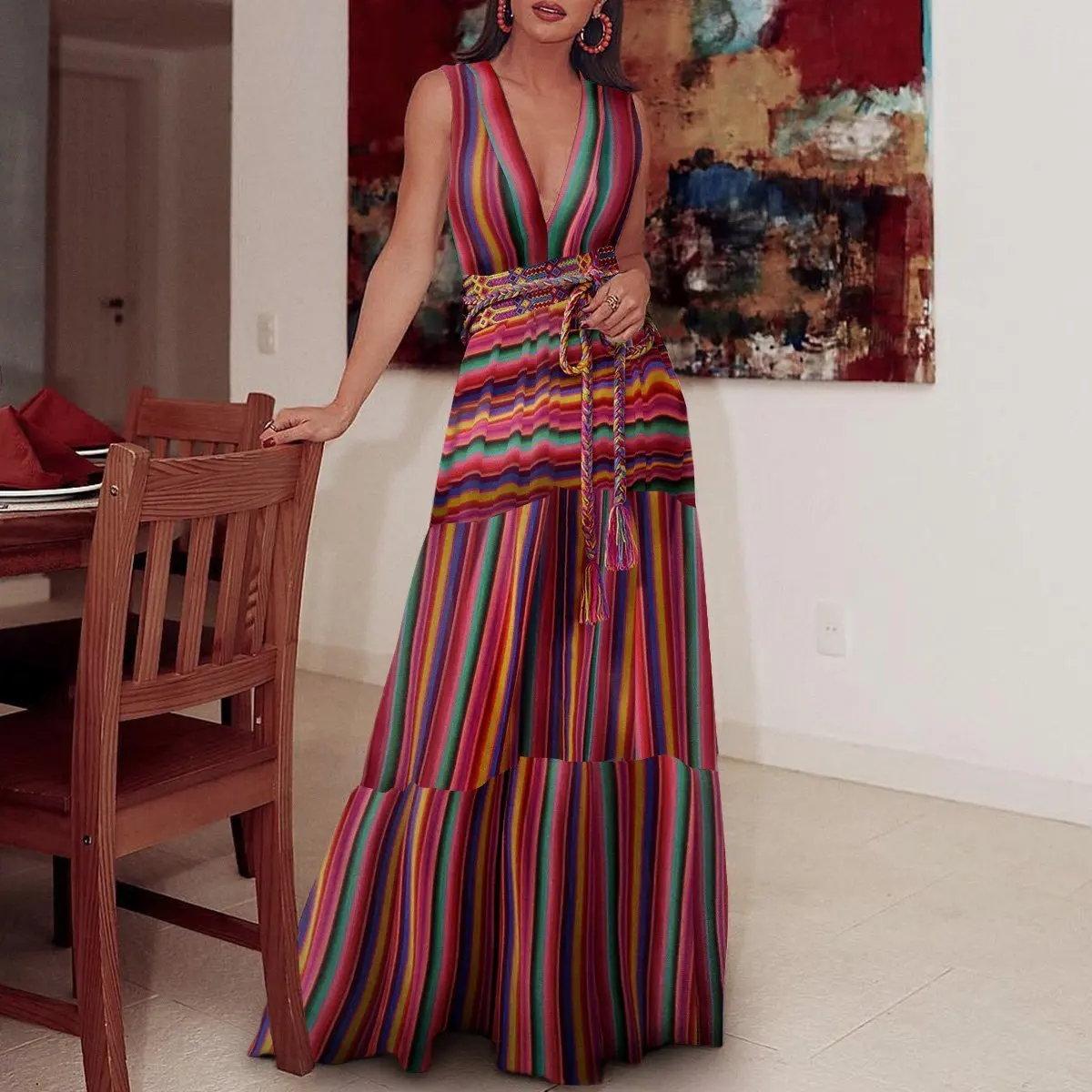 Women Fashion Boho Long Dress Girl Striped Beach Summer Dresses Colorful Rainbow Vintage V Neck Maxi Vestidos De Festa
Women Fashion Boho Long Dress Girl Striped Beach Summer Dresses Colorful Rainbow Vintage V Neck Maxi Vestidos De Festa