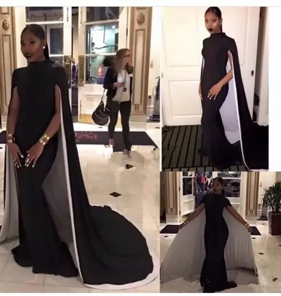 2019 Mermaid Black Girl Prom Dresses High Neck Black and White Sleeveless Cape Long Evening Dresses Formal Gowns Robe De Soiree
2019 Mermaid Black Girl Prom Dresses High Neck Black and White Sleeveless Cape Long Evening Dresses Formal Gowns Robe De Soiree