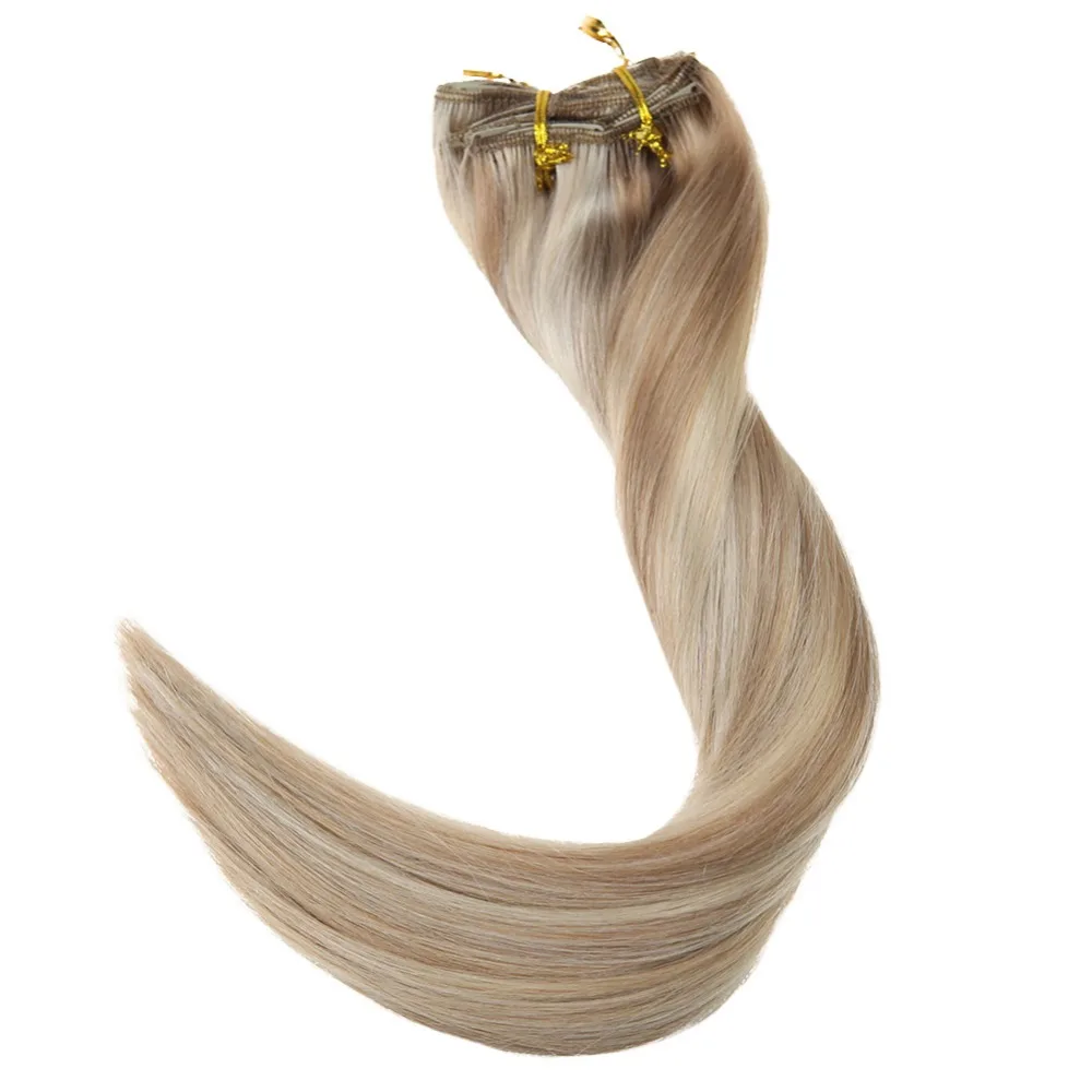 

Full Shine 9Pcs Double Weft Clip In Hair Extensions 100g Remy Human Hair Extension Highlight Color #18/24/60 Blonde Clip in Hair