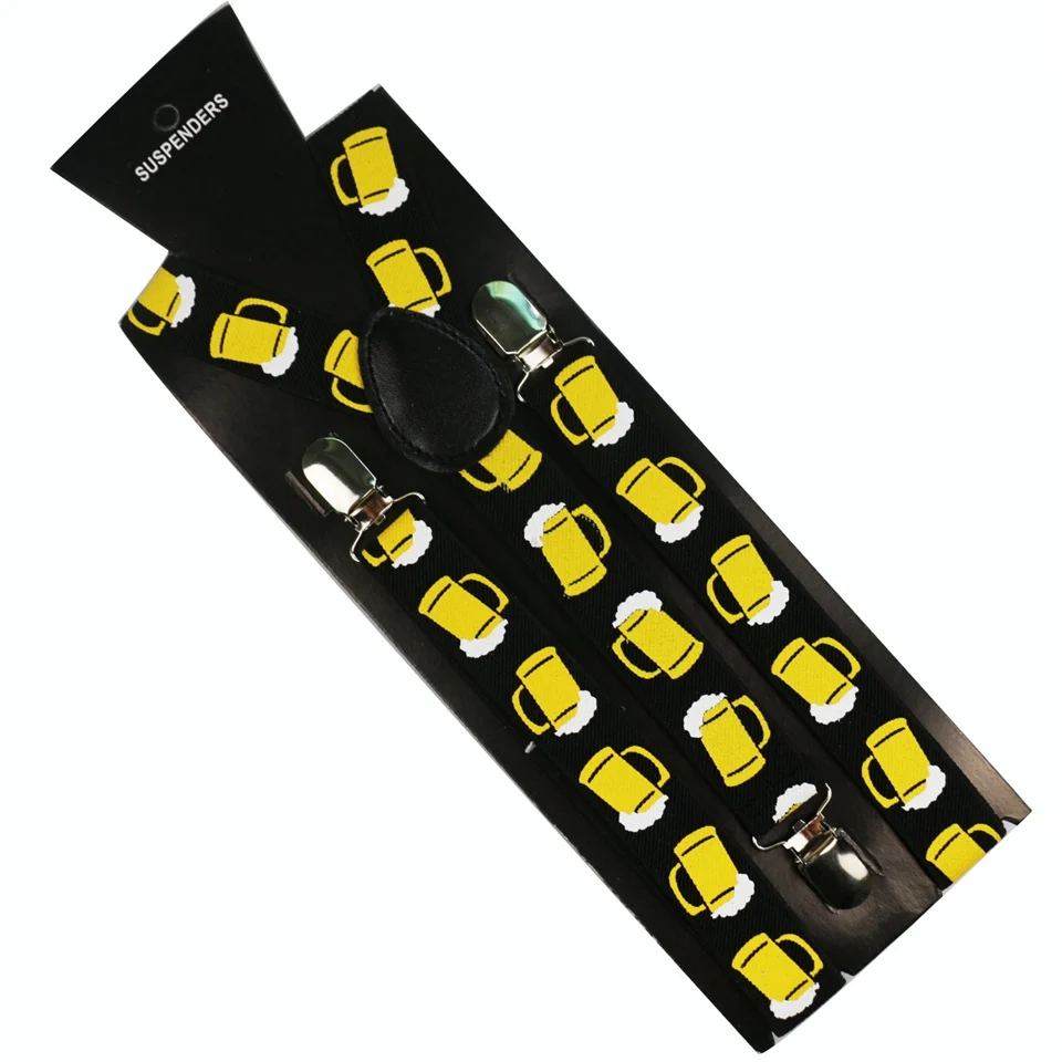 

Winfox Fashion Black Yellow Beer Cup Print Unisex Clip-on Suspenders For Women Men Elastic Y-Shape Back Braces