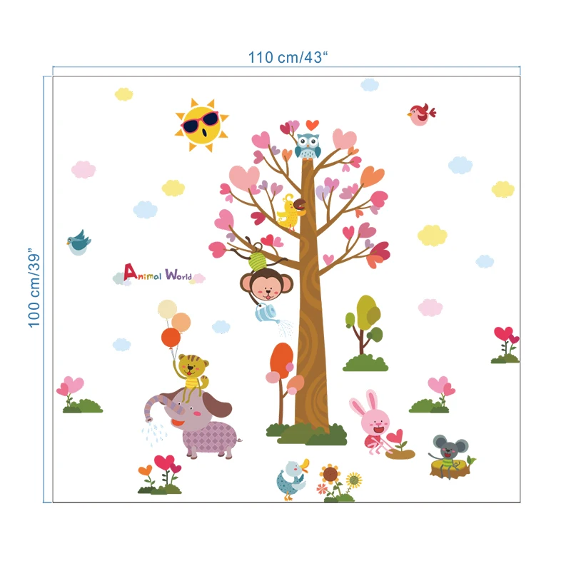 Animals Love Heart Tree Wall Stickers For Kids Playroom Bedroom Decorations Safari Mural Diy Home Wall Pvc Decals Children Gifts