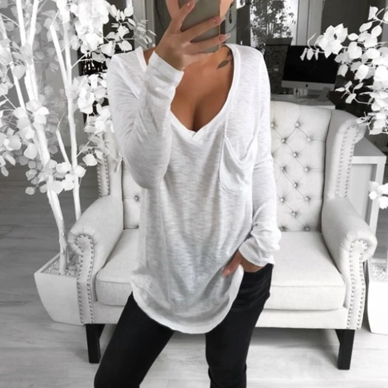 Women Fashion Tops Solid Color Deep V Neck Long Sleeves Loose Casual T-Shirts for Ladies Spring Streetwear Camiseta Mujer
Women Fashion Tops Solid Color Deep V Neck Long Sleeves Loose Casual T-Shirts for Ladies Spring Streetwear Camiseta Mujer