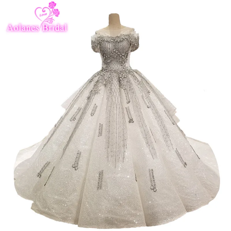 AOLANES 2018 New Arrival Gray Lace Champagne Natural White Tulle Wedding Dresses Cathedral Train Waves Ball Gown Bridal Gowns | Свадьбы и
