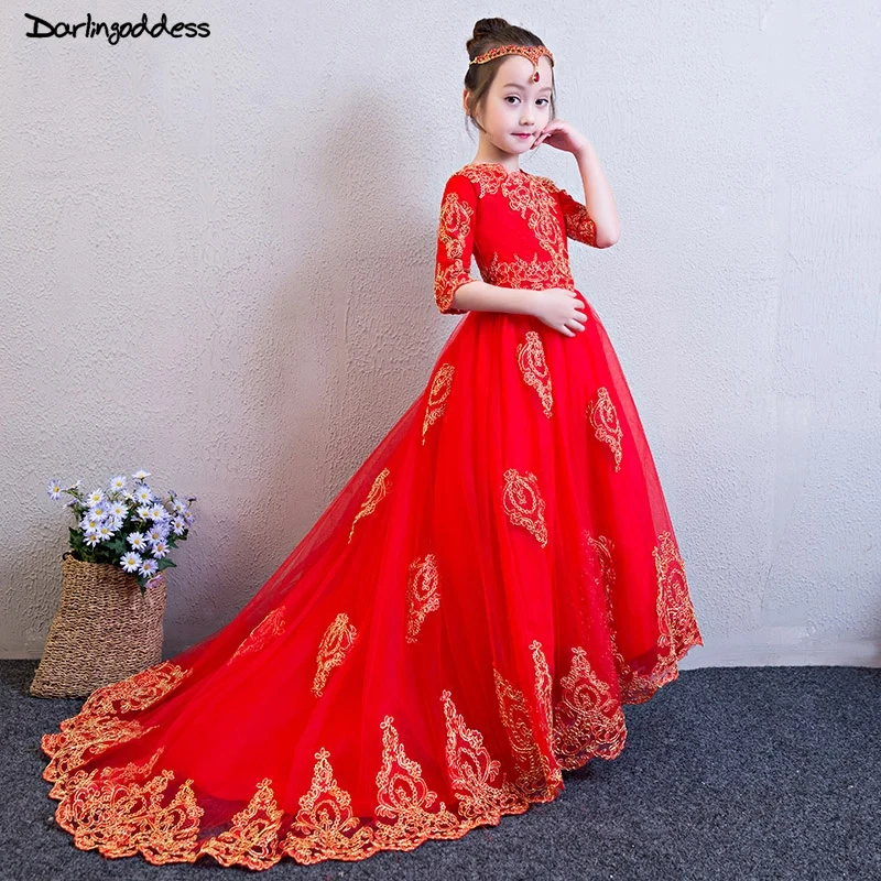 2019 Long Sleeves Flower Girl Dresses For Weddings Red Tulle Gold Lace First Communion Dresses For Girls Kids Pageant Dress
2019 Long Sleeves Flower Girl Dresses For Weddings Red Tulle Gold Lace First Communion Dresses For Girls Kids Pageant Dress