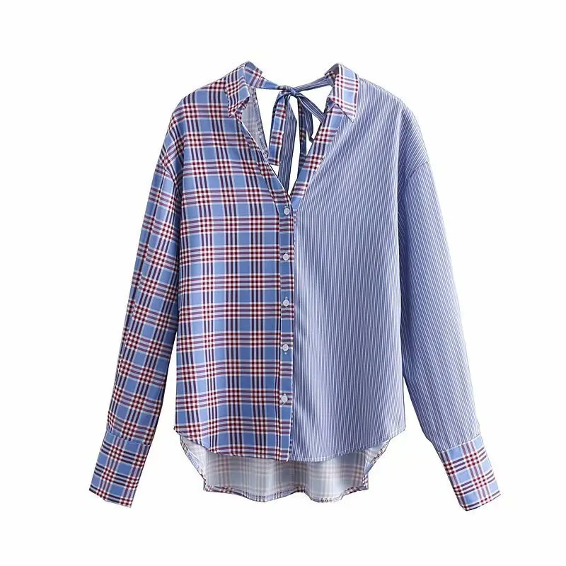 Ningning 50-1321 European and American Fashion Style Colour Lattice Spliced Stripe Shirts | Женская одежда