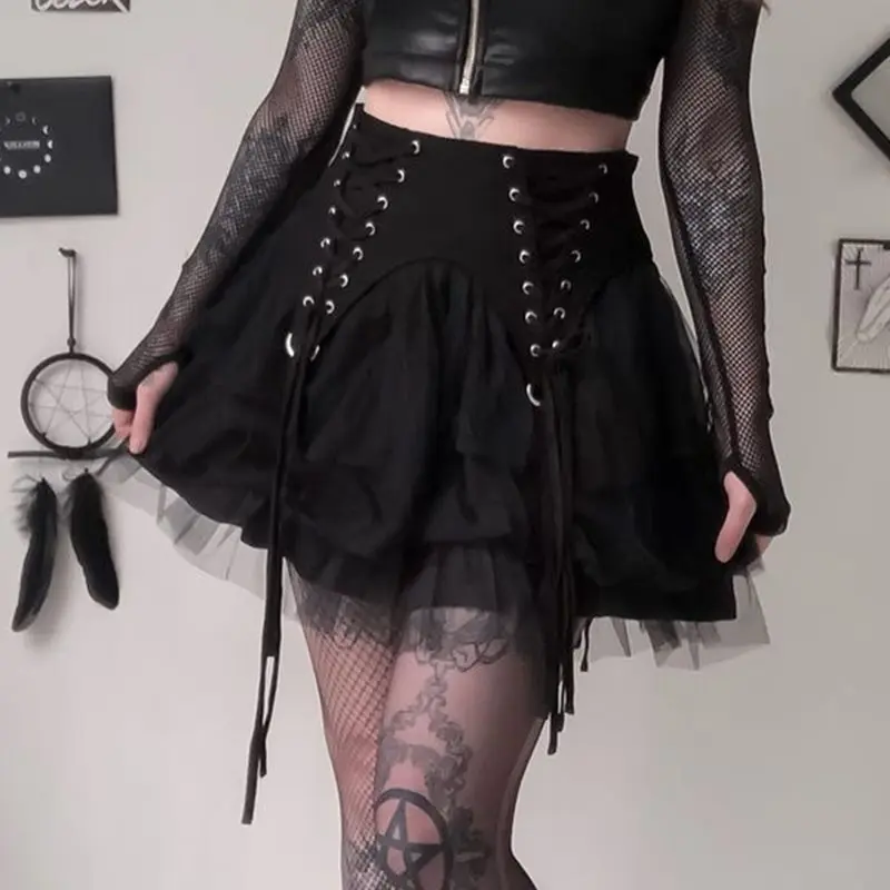 Harajuku Summer Gothic Black Sexy Lolita Party Women Mini Skirts Mesh Lace Goth Hollow Aline Elegant Fashion 90s Short Skirt 
Harajuku Summer Gothic Black Sexy Lolita Party Women Mini Skirts Mesh Lace Goth Hollow Aline Elegant Fashion 90s Short Skirt
