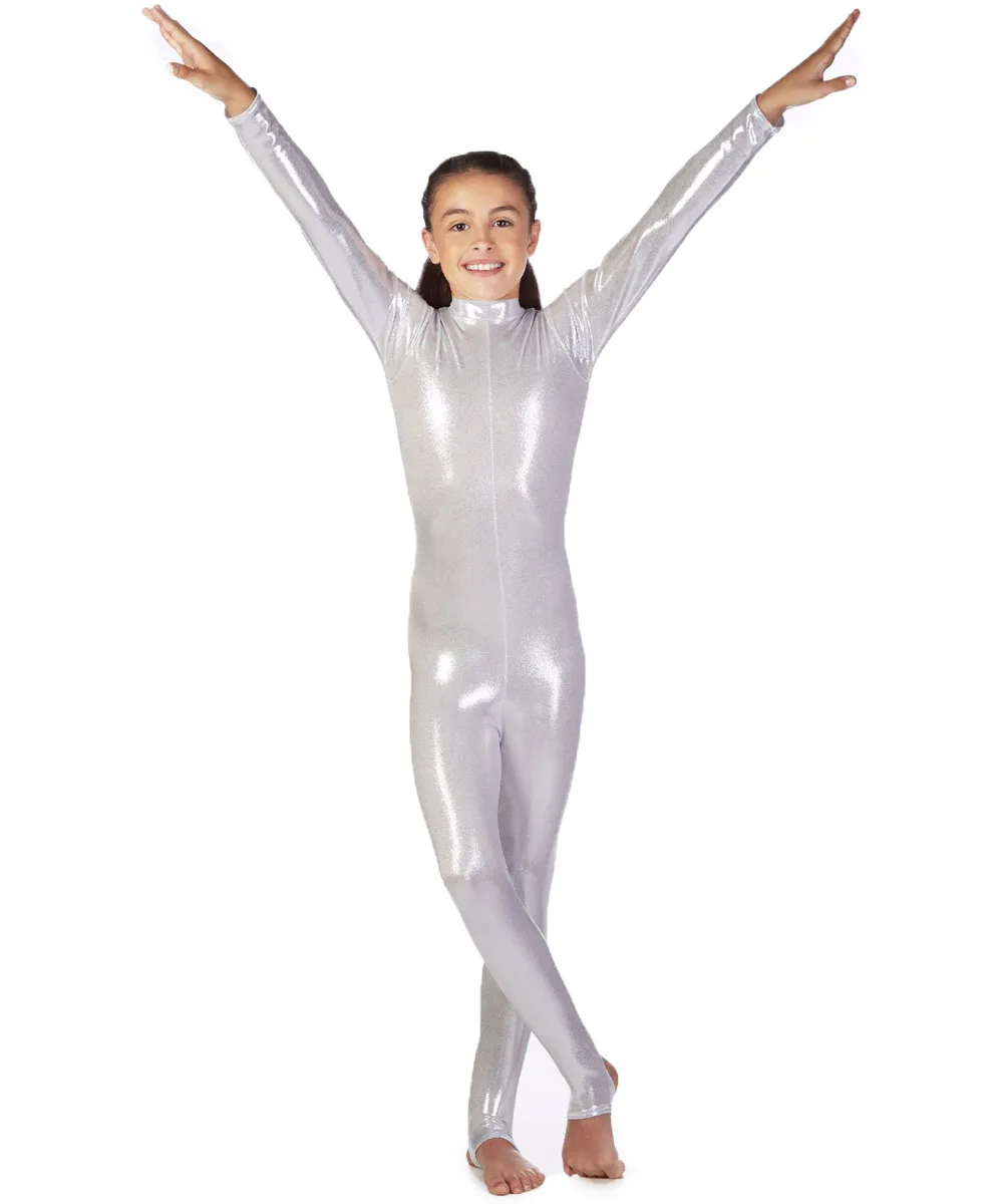 Long Sleeve Shiny Metallic Catsuits Gold Silver Mock Neck Girls Dance Unitard Child Bodysuit For Stage Performance (3)