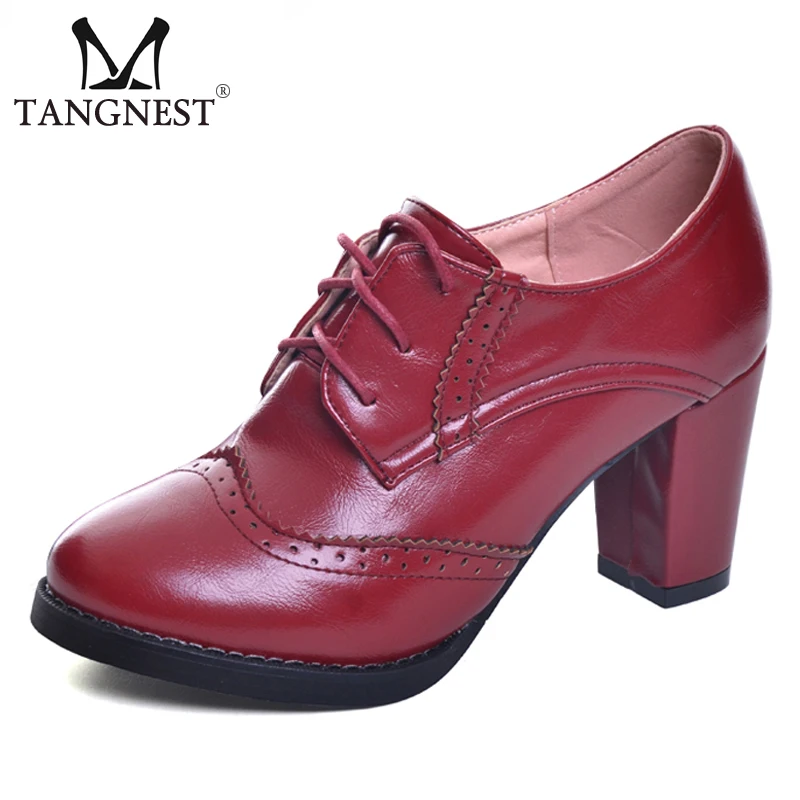 Tangnest New Women Oxfords British Brogue Shoes Woman Patent Leather Square High Heel Casual Lace-Up Ladies Red Pumps XWD5892 | Обувь