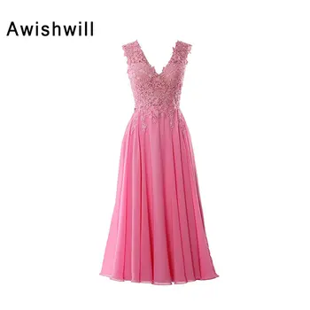 2020 Custom Made Real Photo V-neck See Through Top Appliques Lace Chiffon Calf-Length Sexy Prom Dress Pink Imported Party Dress
2020 Custom Made Real Photo V-neck See Through Top Appliques Lace Chiffon Calf-Length Sexy Prom Dress Pink Imported Party Dress