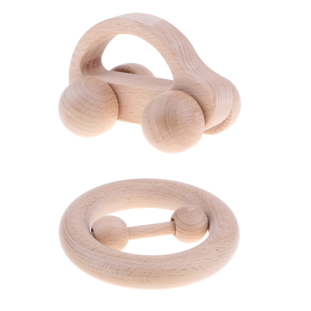 2 PCS Wooden Rattle Educational Grasping Montessori Developmental Toy Car + Ring