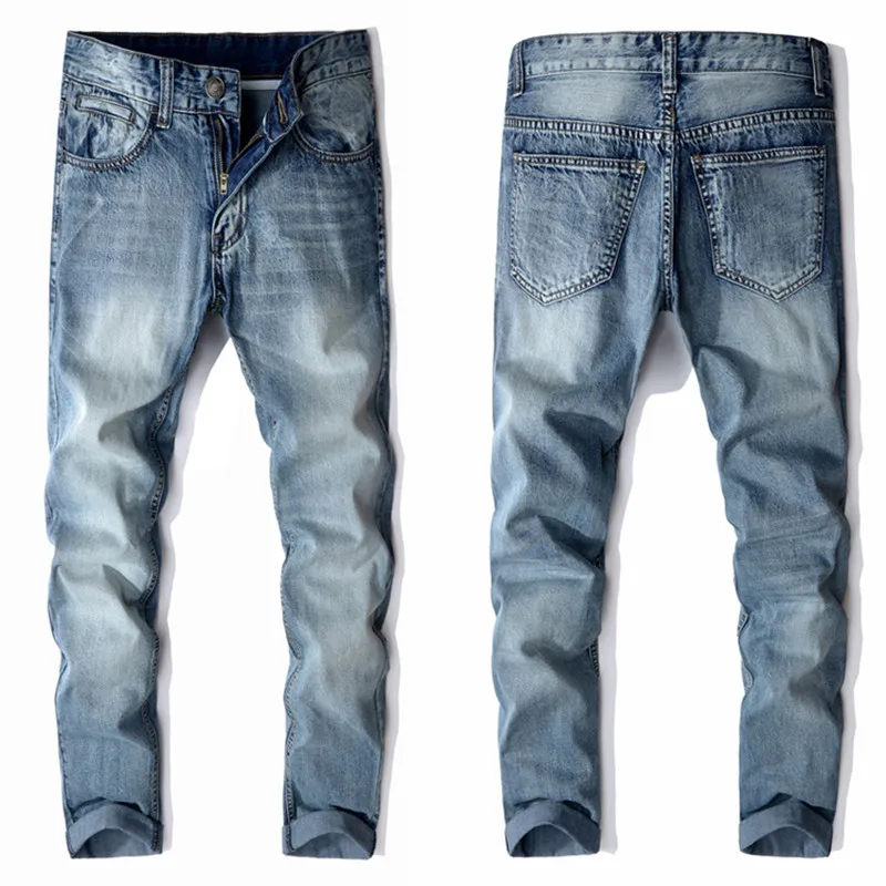 European and American trend original men's jeans, men's light blue washed fashion jeans, straight stretch slim denim trousers
European and American trend original men's jeans, men's light blue washed fashion jeans, straight stretch slim denim trousers
