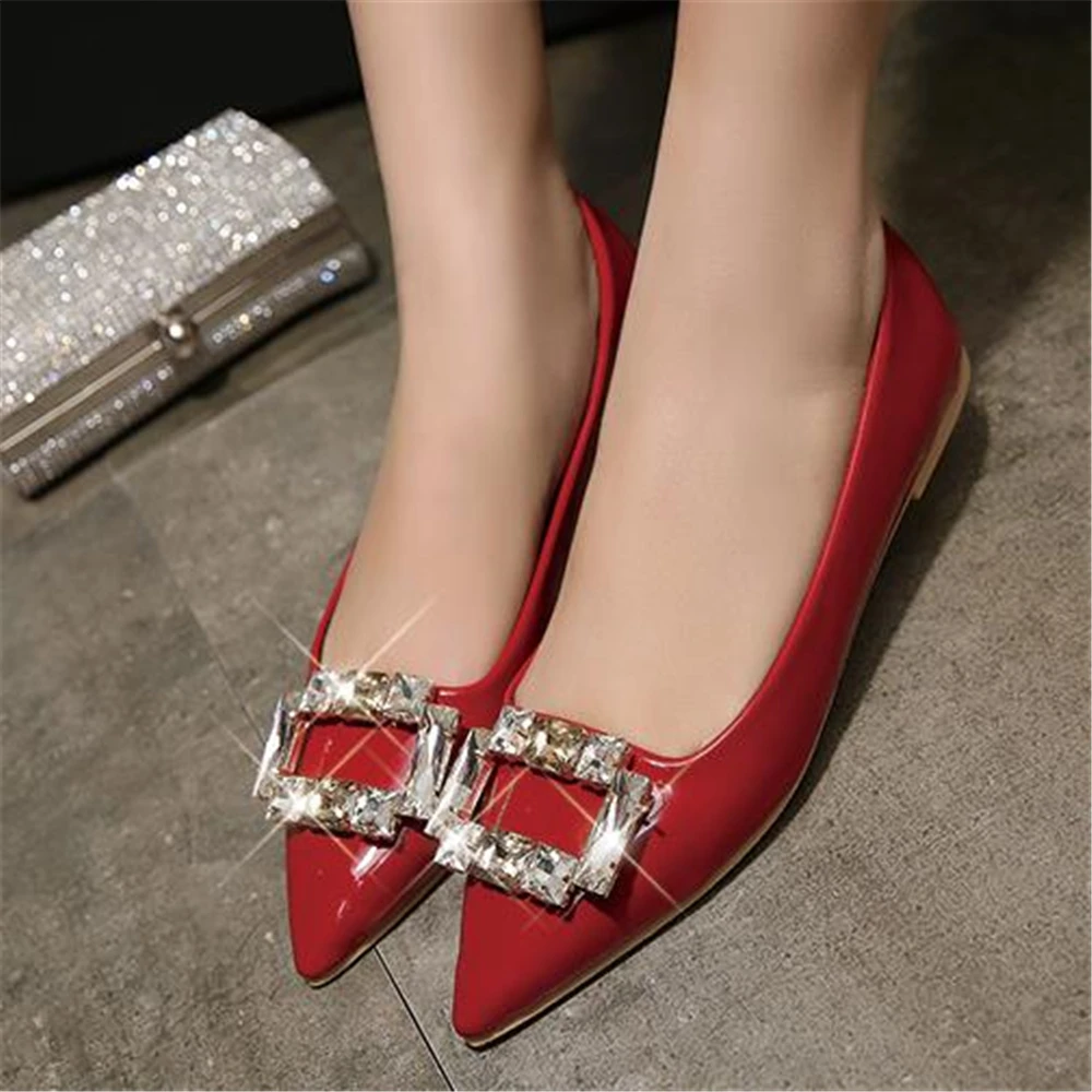 Europeanstyle new sharp women's single shoes flat heel shallow mouth wedding water drill square buckle leather female 44 | Обувь