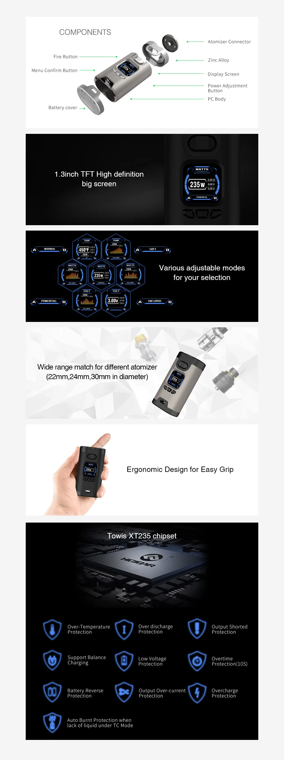 Original 235W Hcigar Wildwolf E cigarette TC MOD w/ Towis XT235 Chipset & 1.3inch Display Vape Box Mod Vs Dynamo Mod/ Cylon Mod