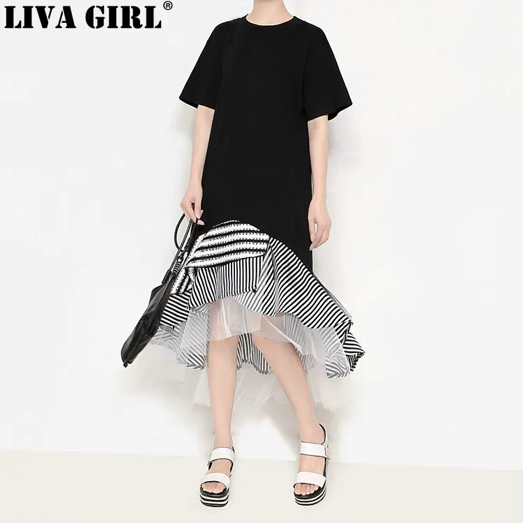 New Autumn Summer Fashion Trend New O-neck Short Sleeve Black Split Joint Striped Mesh Hem Dress Women
New Autumn Summer Fashion Trend New O-neck Short Sleeve Black Split Joint Striped Mesh Hem Dress Women