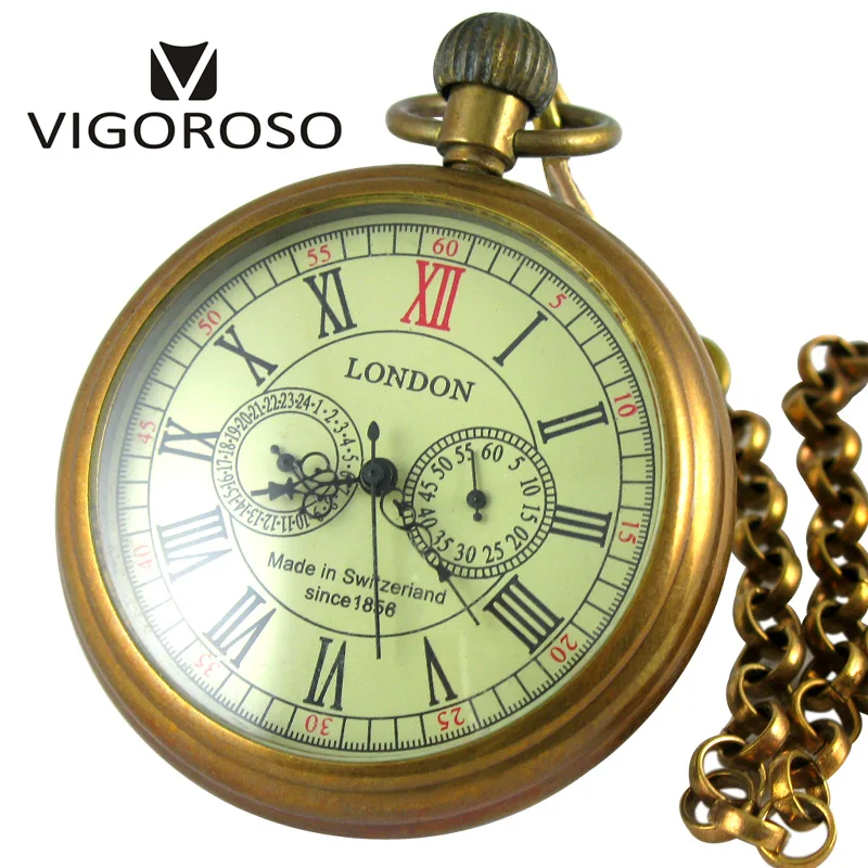 VIGOROSO коллекционные старинные медные Механические карманные часы с цепочкой и