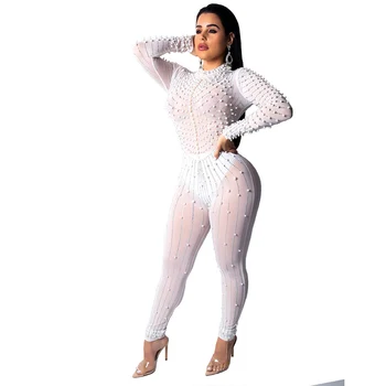 

new women's beads slim bodysuit hot drilling perspective sexy jumpsuit nightclub hot drilling white black sexy jumpsuit