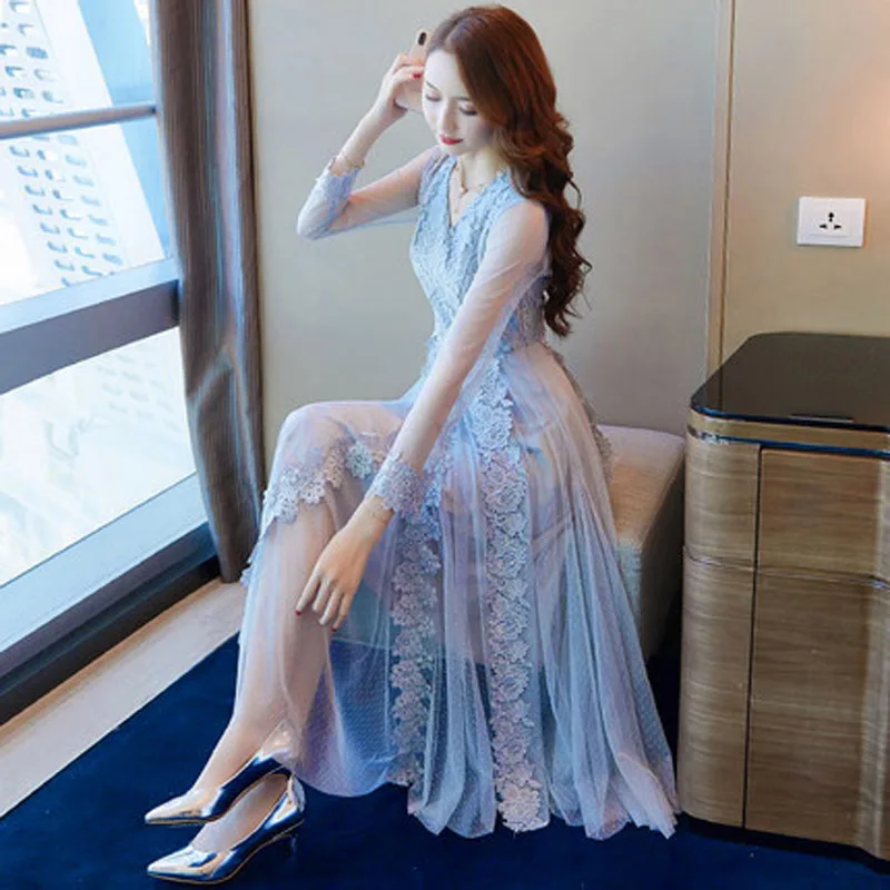 2019 Summer V-Neck Dress Long-Sleeved Party Dresses Women Sweet Mesh Streetwear Long Dress Female Lace Dress Vestidos LJ28
2019 Summer V-Neck Dress Long-Sleeved Party Dresses Women Sweet Mesh Streetwear Long Dress Female Lace Dress Vestidos LJ28