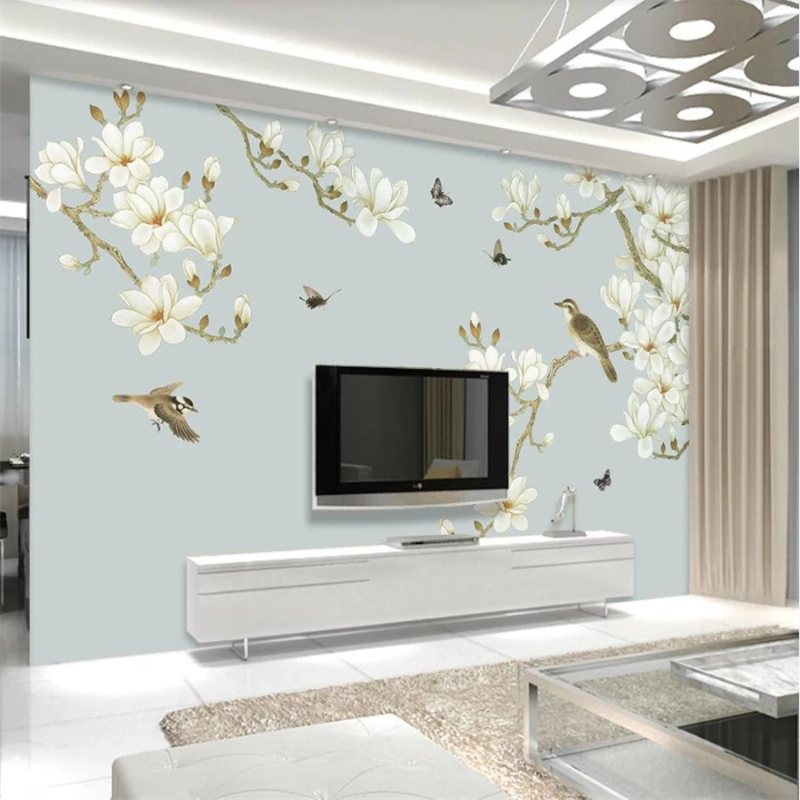

beibehang Custom wallpaper 3d photo mural hand-painted magnolia bird retro simple background wall living room bedroom wallpaper