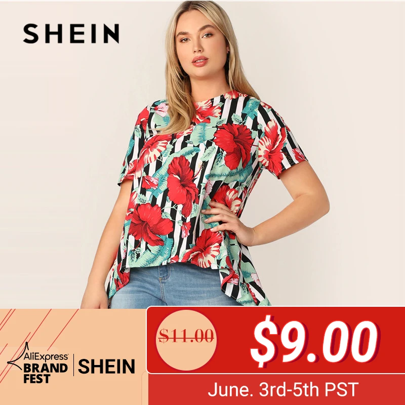 

SHEIN Plus Size Multicolor Asymmetrical Hem Tropical And Stripe Print Top Blouse 2019 Summer Boho Floral Longline Blouses Shirt