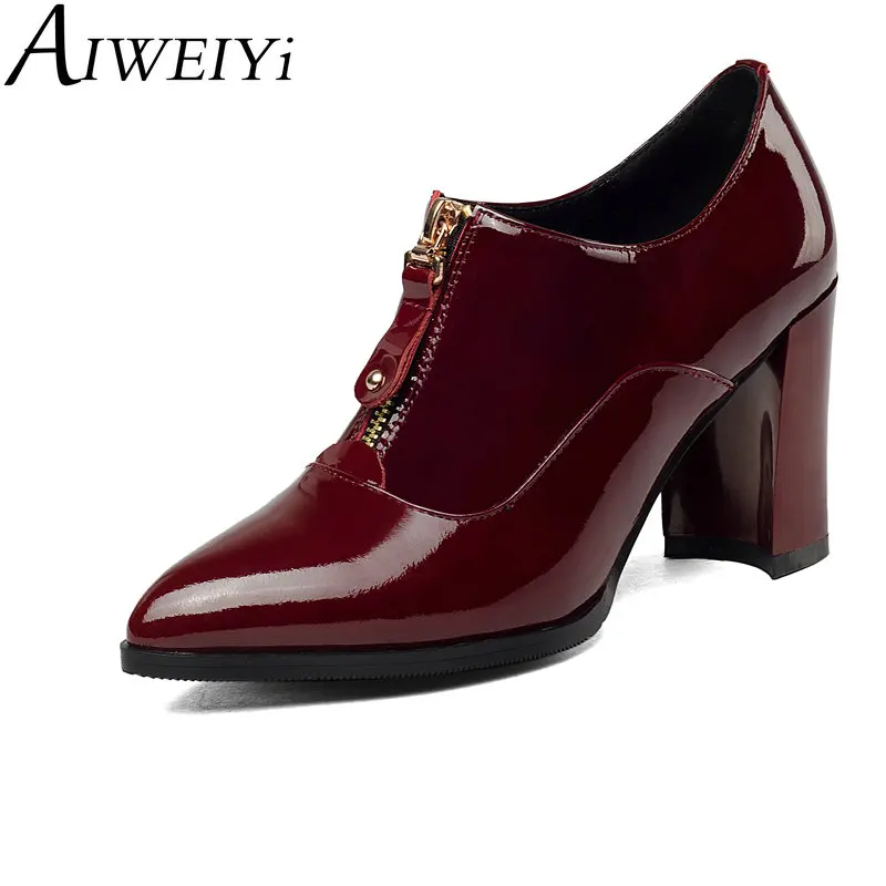 AIWEIYi Patent Leather High Heels Pointed toe Front Zip Chunky Heel Platform Pumps Genuine Leather Shoes Woman
AIWEIYi Patent Leather High Heels Pointed toe Front Zip Chunky Heel Platform Pumps Genuine Leather Shoes Woman