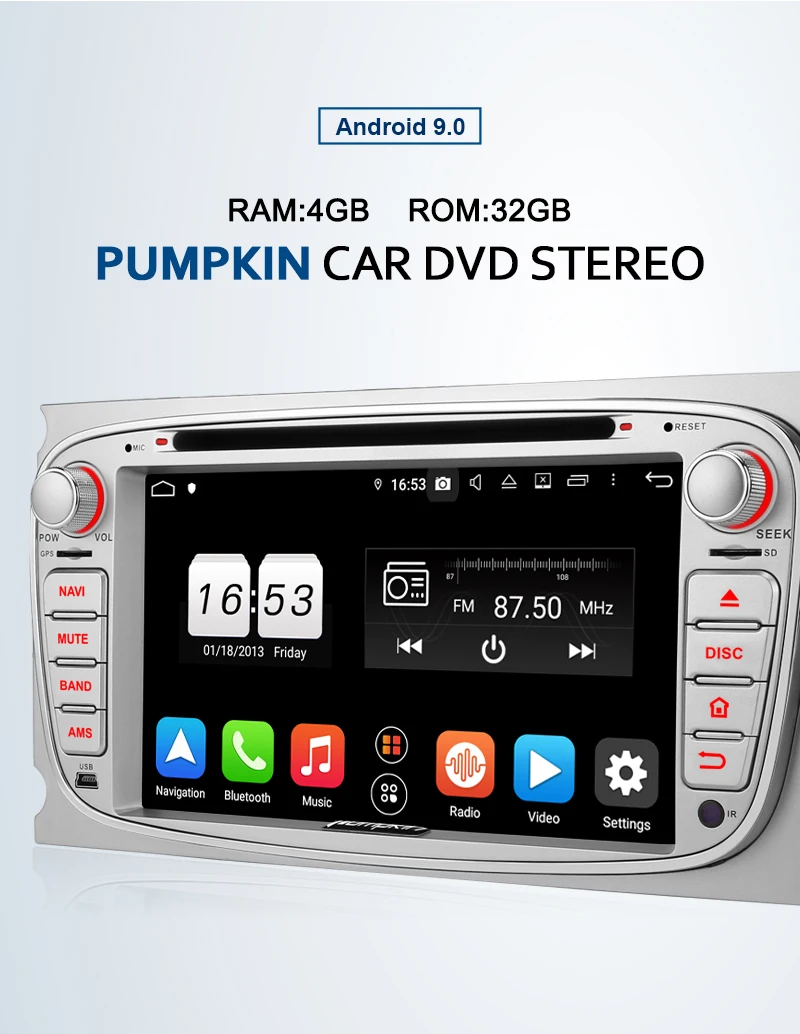 Discount Pumpkin2 Din 7"Android 9.0 Car DVD Player GPS Navigation Qcta-Core 4G RAM Car Stereo For Ford Focus/Mondeo Wifi 4G OBD2 Headunit 1