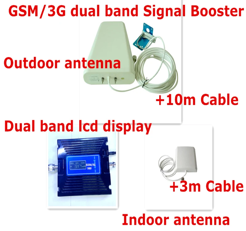 Image New 60dbi gain adjustable GSM 900Mhz Booster+3G WCDMA 2100Mhz Repeater dual band mobile signal booster kits w  cable   antennas