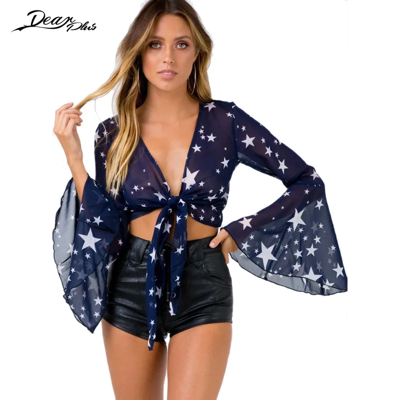Women Sexy Deep V Neck Star Print Summer Chiffon Shirts Fashion Flare Sleeve Bow Knot Short Shirts Blouse Slim Casual Crop Top
Women Sexy Deep V Neck Star Print Summer Chiffon Shirts Fashion Flare Sleeve Bow Knot Short Shirts Blouse Slim Casual Crop Top