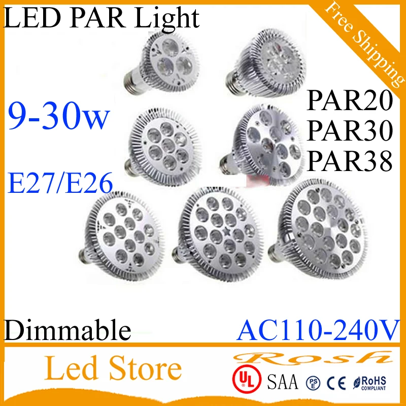 Новейшая светодиодная лампа с регулируемой яркостью par38 par30 par20 AC85-240V 9 Вт 10 14 18 24 30