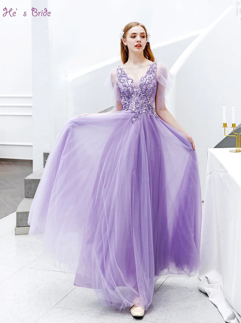 He's Bride New Romantic Purple Evening Dress Deep V-neck Short Sleeve Applique Floor-length Party Formal Dresses Robe De Soiree
He's Bride New Romantic Purple Evening Dress Deep V-neck Short Sleeve Applique Floor-length Party Formal Dresses Robe De Soiree