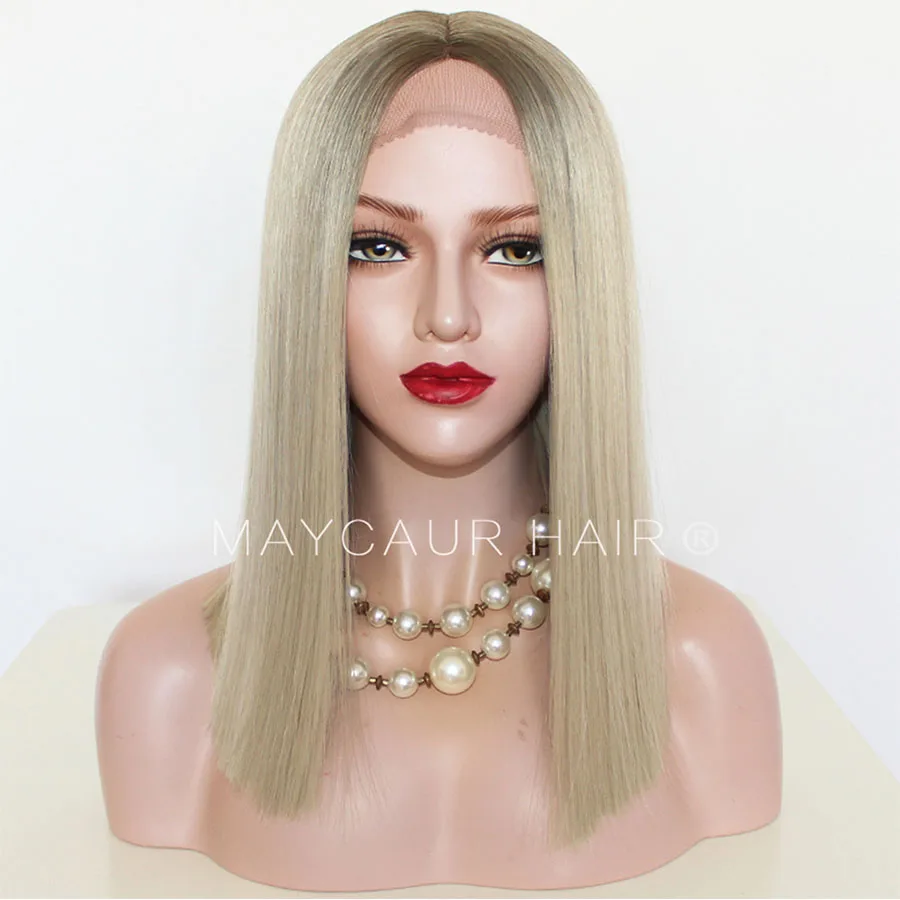 Maycaur Natural Black Blonde Ombre Color Synthetic Lace Front Wigs Short Cut Bob Wig Glueless Straight Hair (1)