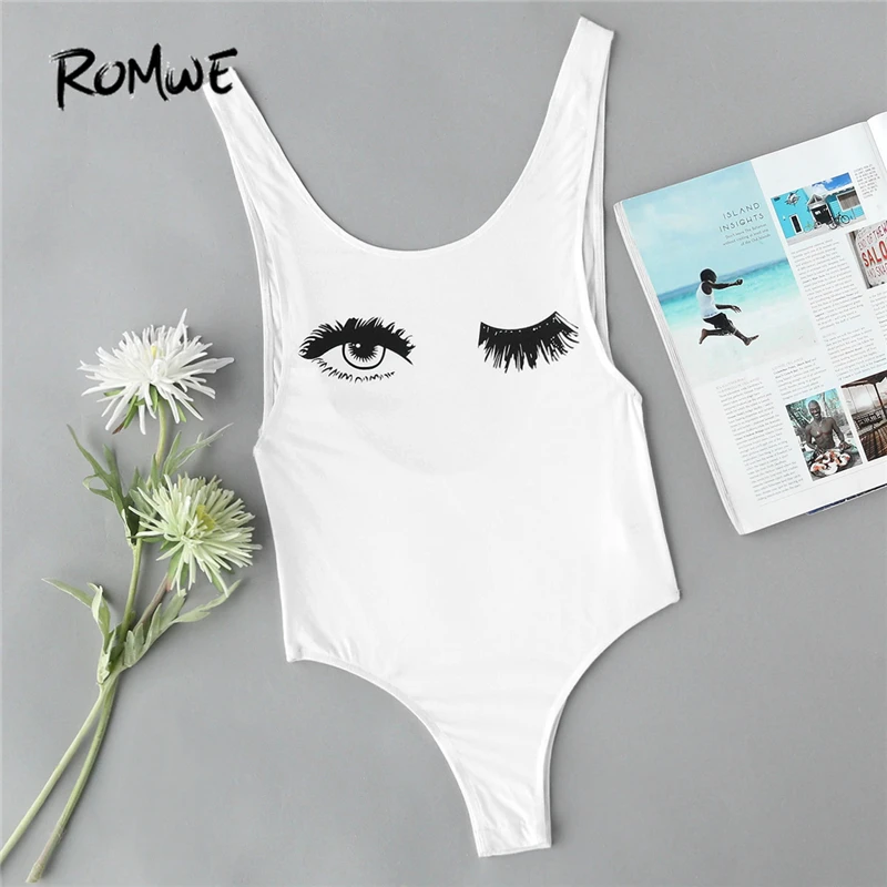 ROMWE Wink Eyes Print Low Side And Back Tank Bodysuit Spring New White Scoop Neck Sleeveless Women Sexy Summer Bodysuit
ROMWE Wink Eyes Print Low Side And Back Tank Bodysuit Spring New White Scoop Neck Sleeveless Women Sexy Summer Bodysuit