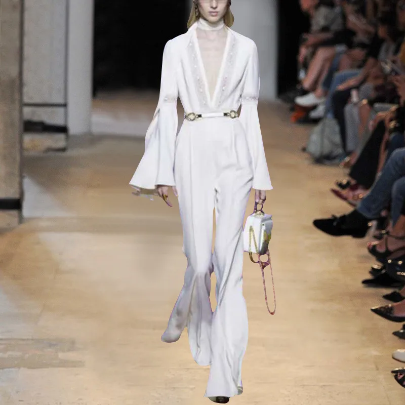 Runway Jumpsuit 2019 Spring Summer Sexy Deep V Neck Fashion Luxury Designers Elegant White Rompers Overalls Female With Belt
Runway Jumpsuit 2019 Spring Summer Sexy Deep V Neck Fashion Luxury Designers Elegant White Rompers Overalls Female With Belt