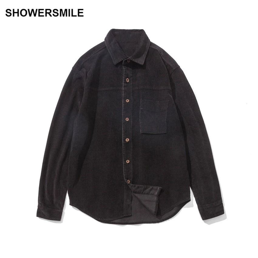 Image SHOWERSMILE Brand Solid Corduroy Shirts Men Casual Long Sleeve Slim Fit Shirt With Pockets Fashion Black Blue Grey Red Autumn