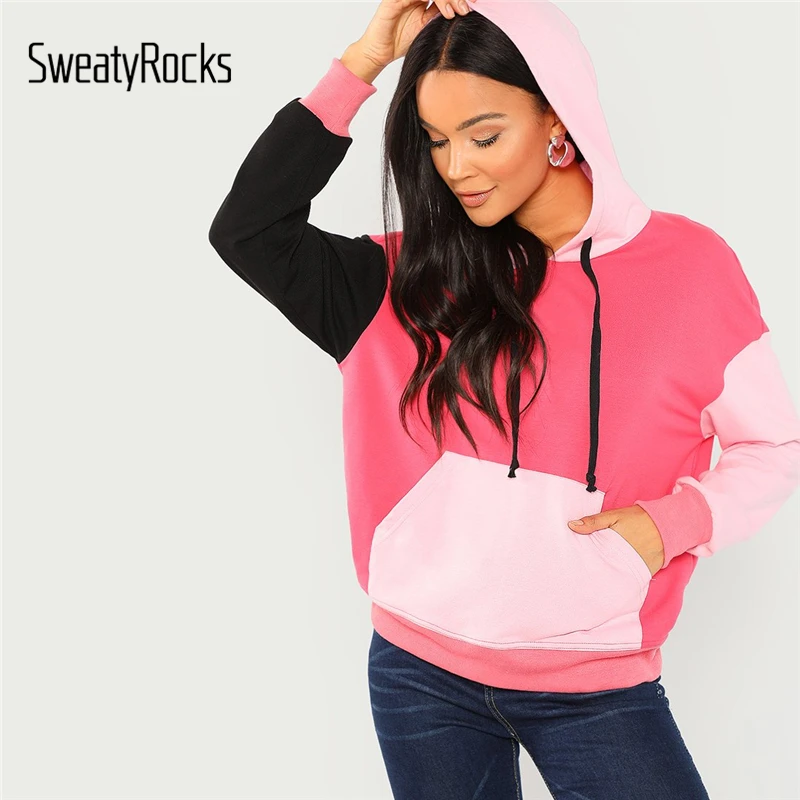 

SweatyRocks Casual Pocket Front Cut and Sew Hoodie Sweatshirt Long Sleeve Colorblock Pullover 2018 Autumn Women Sporting Tops