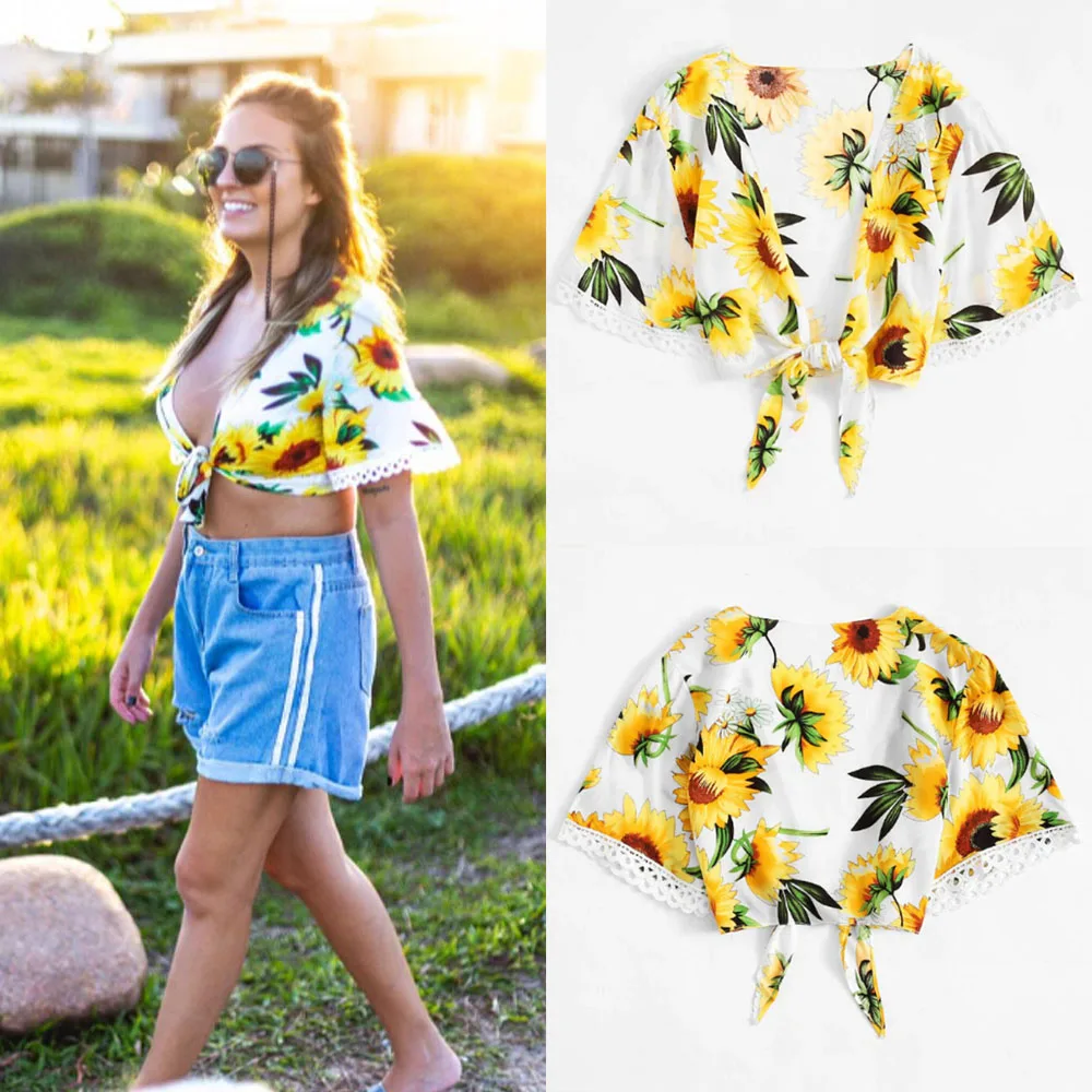 2019 Summer Womens Casual Blouse Shirts Deep V Plunge Tie Up Knot Flower Print Crop Top Beach Female Shirts Blouses
2019 Summer Womens Casual Blouse Shirts Deep V Plunge Tie Up Knot Flower Print Crop Top Beach Female Shirts Blouses